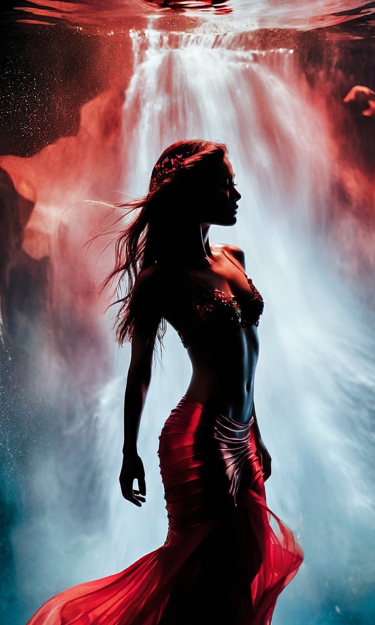 An imaginative photograph portraying a mermaid in a watercolor-like world, where the boundaries between reality and fantasy blur. The mermaid is bathed in a harmonious blend of black and red hues, creating a dreamlike ambiance. She gracefully glides through the fluid environment, her movement resembling a dance. The surroundings are filled with abstract watercolor patterns and soft gradients, adding a sense of surrealism to the scene. The composition evokes a feeling of serenity and artistic exploration. Taken by a photographer with a passion for ethereal aesthetics. RAW photo format, high-resolution capture, and masterful use of color. Camera parameters: Sony α7R III, 24mm lens, f/1.8 aperture, ISO 400, controlled motion for fluidity