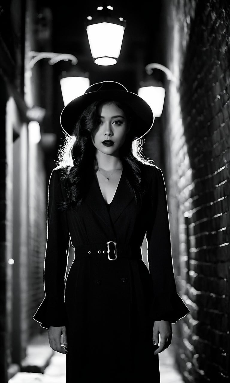 Photograph, film noir, portrait of a mysterious girl in a dimly lit alleyway. The girl's expression is enigmatic, with a hint of sadness in her eyes. She wears a vintage black dress and a fedora hat, casting dramatic shadows on her face. The scene is illuminated by the soft glow of a single streetlamp, creating a moody and suspenseful atmosphere. Shot with a vintage Leica M Monochrom, f/1.8 aperture, ISO 400, shallow depth of field.