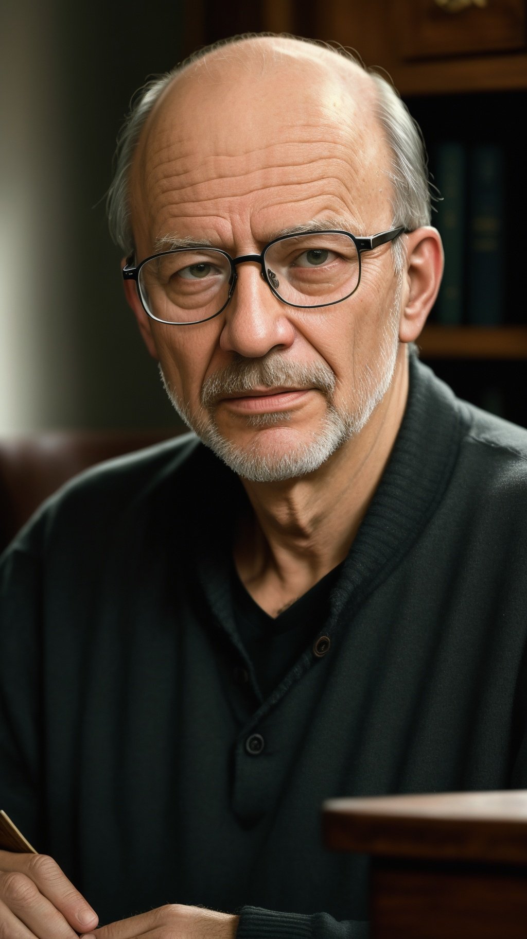 (editorial photograph of a balding, unshaven, tired, 70 y.o. male), (wearing worn out clothes, wearing glasses, detailed:1.3), (highly detailed face:1.4), (background inside dark, moody, private study, old furniture:1.3), (8k, uhd, dslr, high quality, cinematic lighting, bokeh), (dramatic, award winning photography, incredible masterpiece:1.3) (strong depth of field)