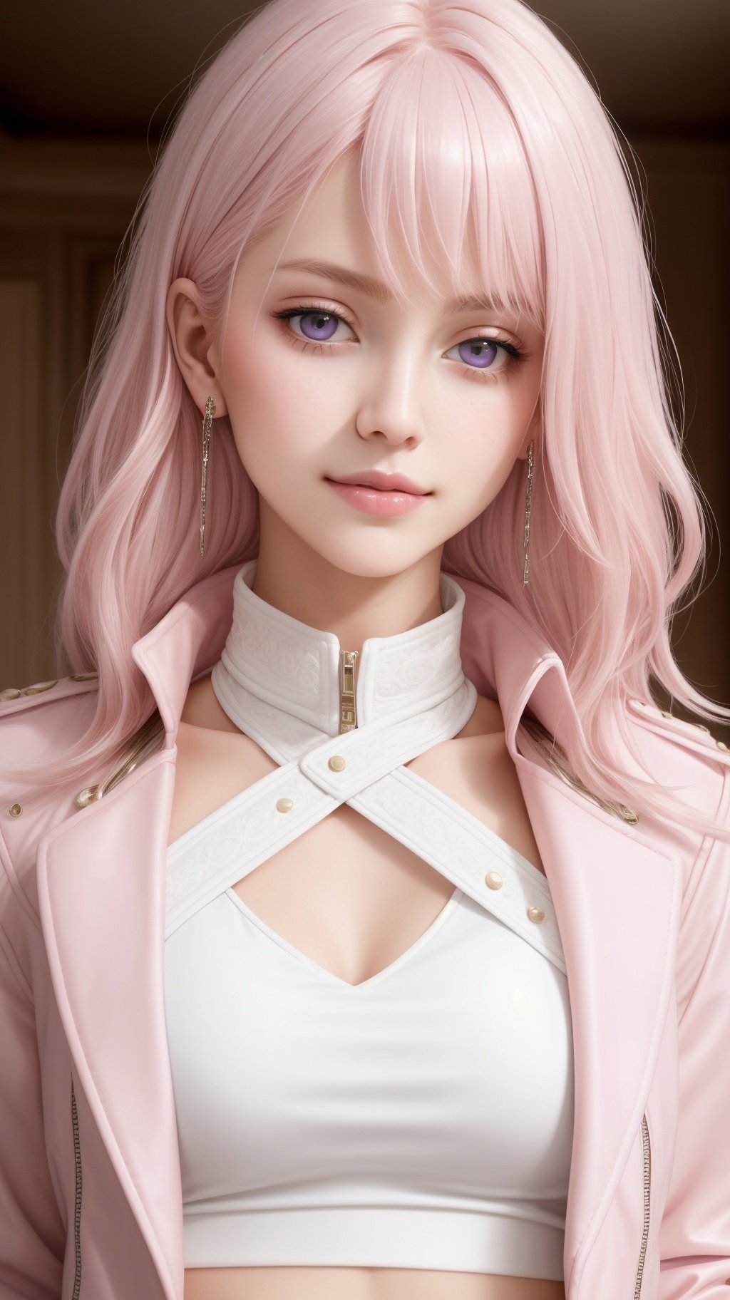 (masterpiece, best quality), intricate details, thin, ((slim)), beautiful girl, Light pink hair, white skin, light purple eyes, sharp jawline, cropped jacket, messy hair, plump lips, upper body, close up, smirk