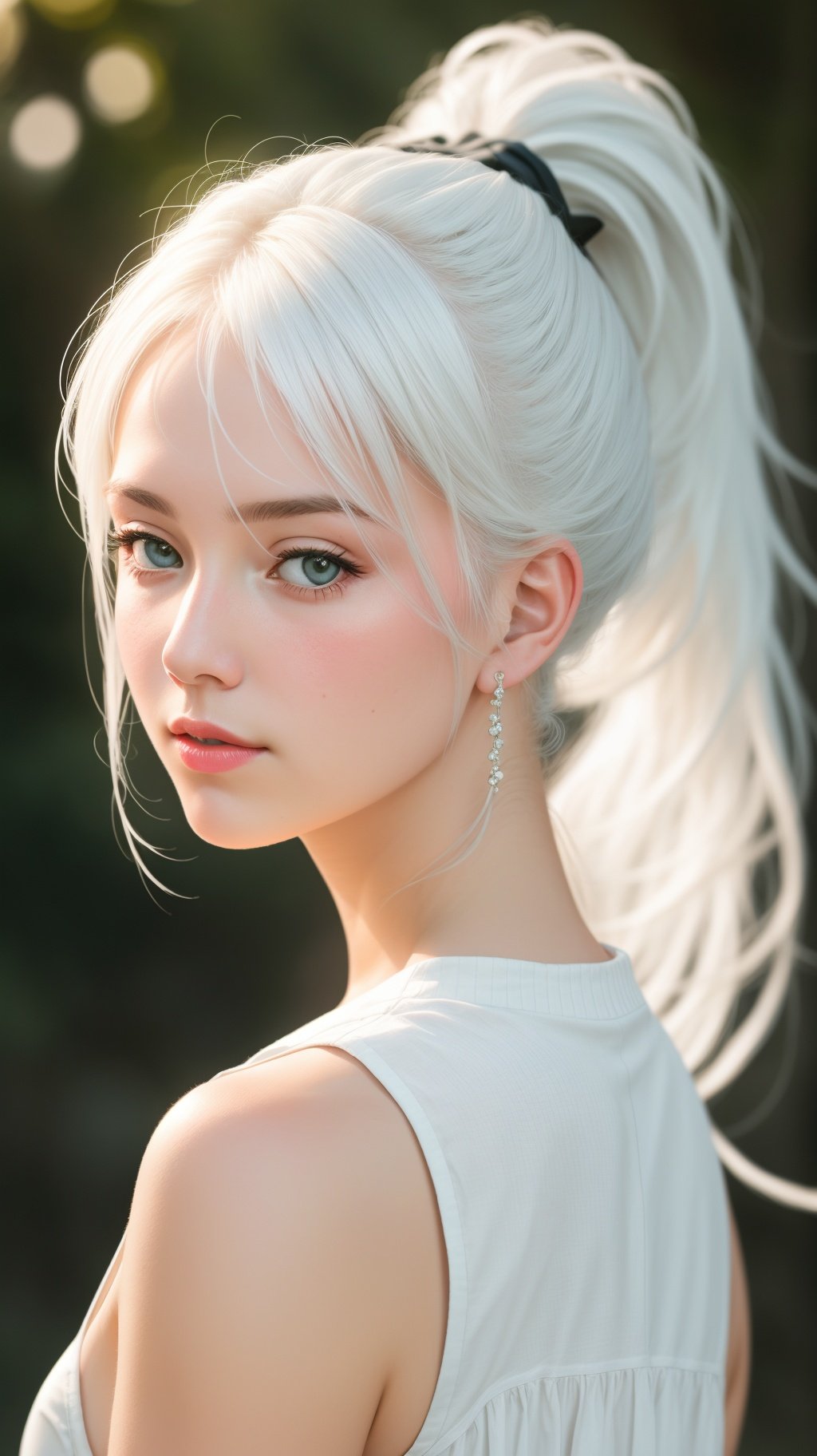 RAW photo, 8k uhd, dslr, soft lighting, high quality, film grain, realistic, Fujifilm XT3, 1girl,face,white hair, ponytail,