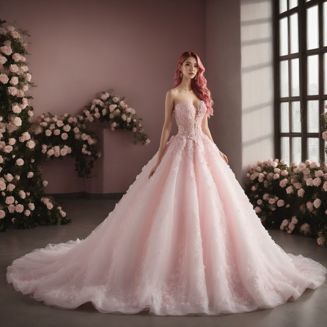 masterpiece, 1 girl, 22 years old, Look at me, Exquisite makeup, Pink hair., Long hair, white wedding dress, Wipe the chest, Indoor, Exquisite decoration, Bright light, Stand, In the middle of the picture, Whole body, Plenty of roses, textured skin, super detail, best quality<lora:TrueLove-000007:0.5>