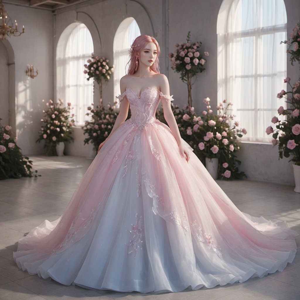 masterpiece, 1 girl, 22 years old, Look at me, Exquisite makeup, Pink hair., Long hair, white wedding dress, Wipe the chest, Indoor, Exquisite decoration, Bright light, Stand, In the middle of the picture, Whole body, Plenty of roses, textured skin, super detail, best quality,Future City,FilmGirl,blue and white porcelain