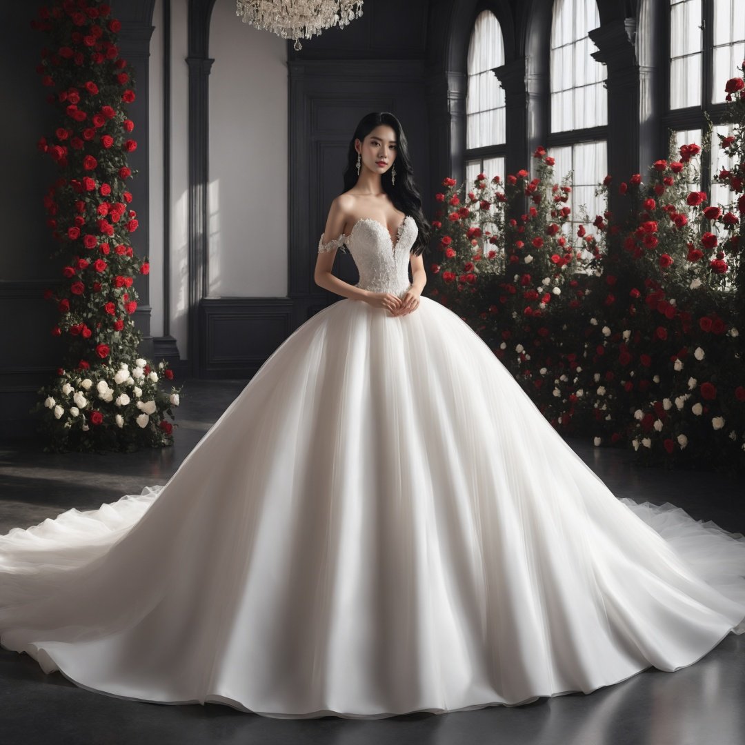 masterpiece, 1 girl, 22 years old, Look at me, Exquisite makeup, Black hair, Long hair, white wedding dress, Wipe the chest, Indoor, Exquisite decoration, Bright light, Stand, In the middle of the picture, Whole body, Plenty of roses, textured skin, super detail, best quality<lora:TrueLove-000007:0.5>