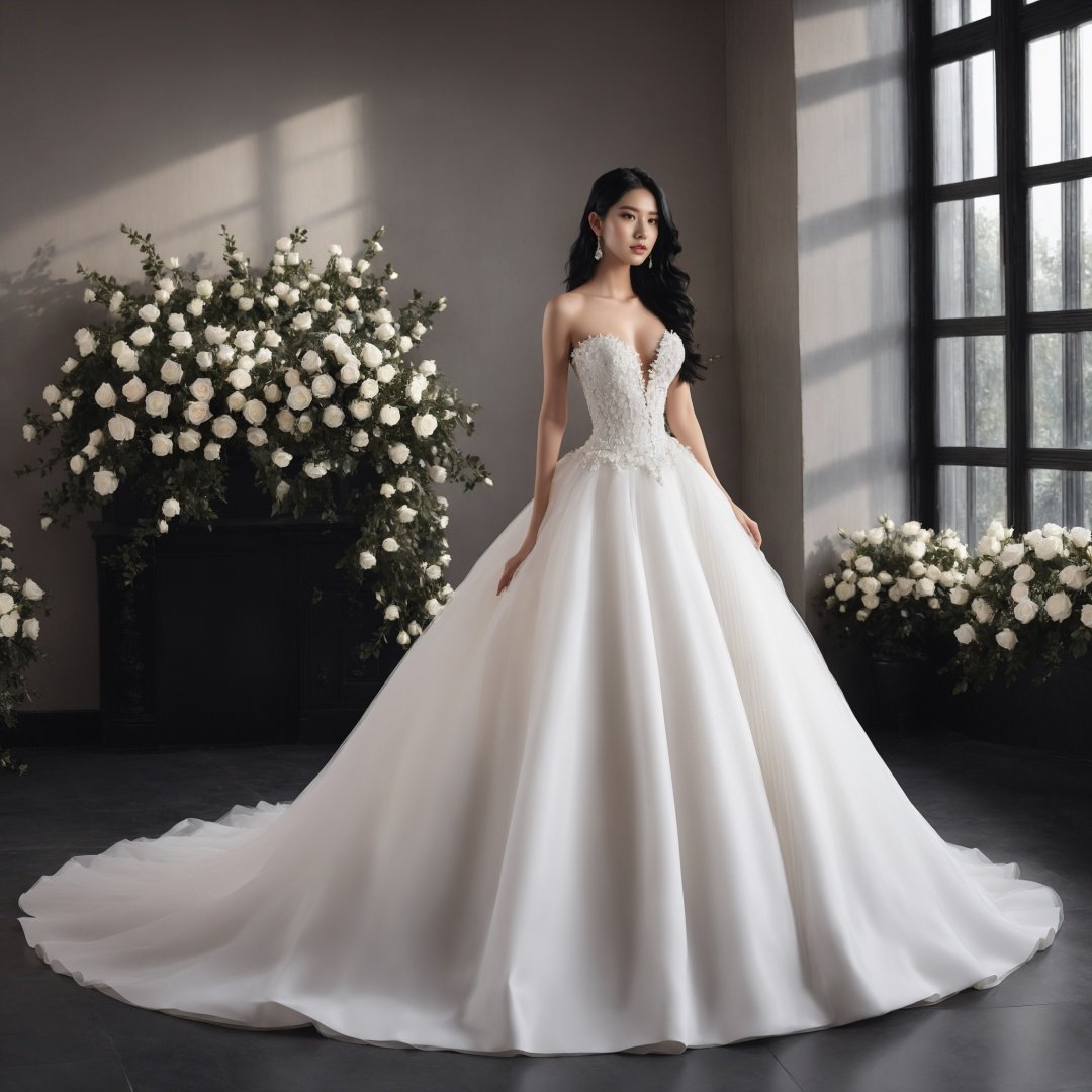 masterpiece, 1 girl, 22 years old, Look at me, Exquisite makeup, Black hair, Long hair, white wedding dress, Wipe the chest, Indoor, Exquisite decoration, Bright light, Stand, In the middle of the picture, Whole body, Plenty of roses, textured skin, super detail, best quality<lora:TrueLove-000007:0.5>