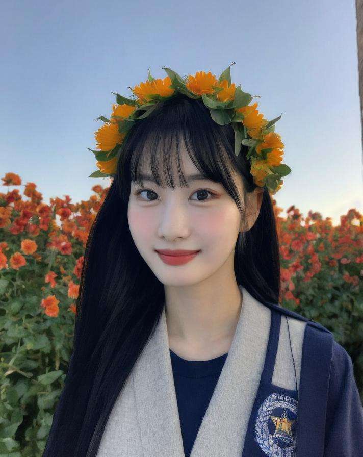 momo, 1girl, a young woman, (upper body:1.2), (looking at viewer:1.3), (schoolgirl jacket), (flower crown), (beautiful city, beautiful sky background), natural skin color, (closed mouth:1.2), (medium breast), floating hair, beautiful expression, face detailed, eyes detailed, iris detailed, masterpiece, best quality, photorealistic, hyper realistic, ultra detailed, perfect lighting, depth of field, shadows, highres, <lora:sayhello0o-v1-twicemomo:1>