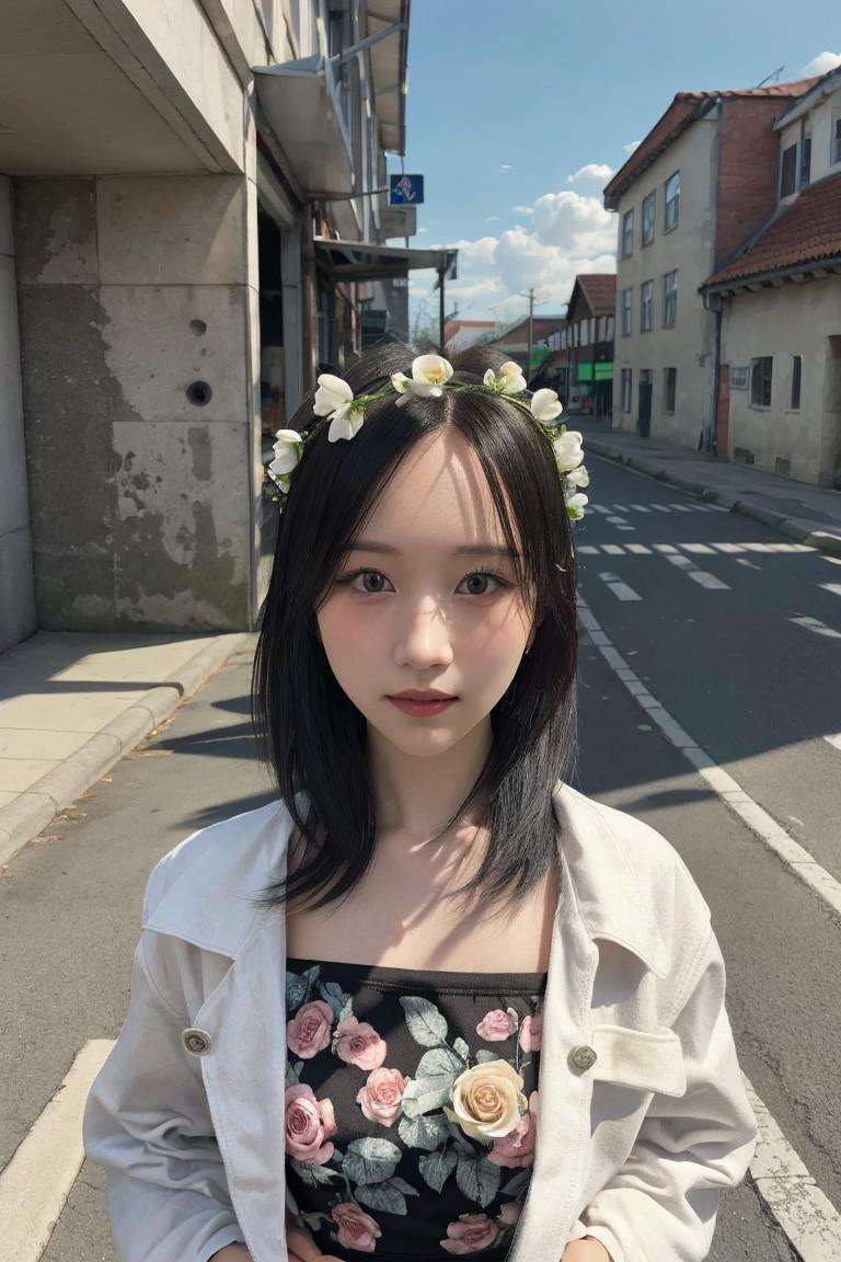 1girl, a young woman, upper body, (looking at viewer:1.3), (schoolgirl jacket), (flower crown), (beautiful city, beautiful sky background), natural skin color, (closed mouth:1.2), (medium breast), floating hair, beautiful expression, face detailed, eyes detailed, iris detailed, masterpiece, best quality, photorealistic, hyper realistic, ultra detailed, perfect lighting, depth of field, shadows, highres, <lora:twicemina:1>