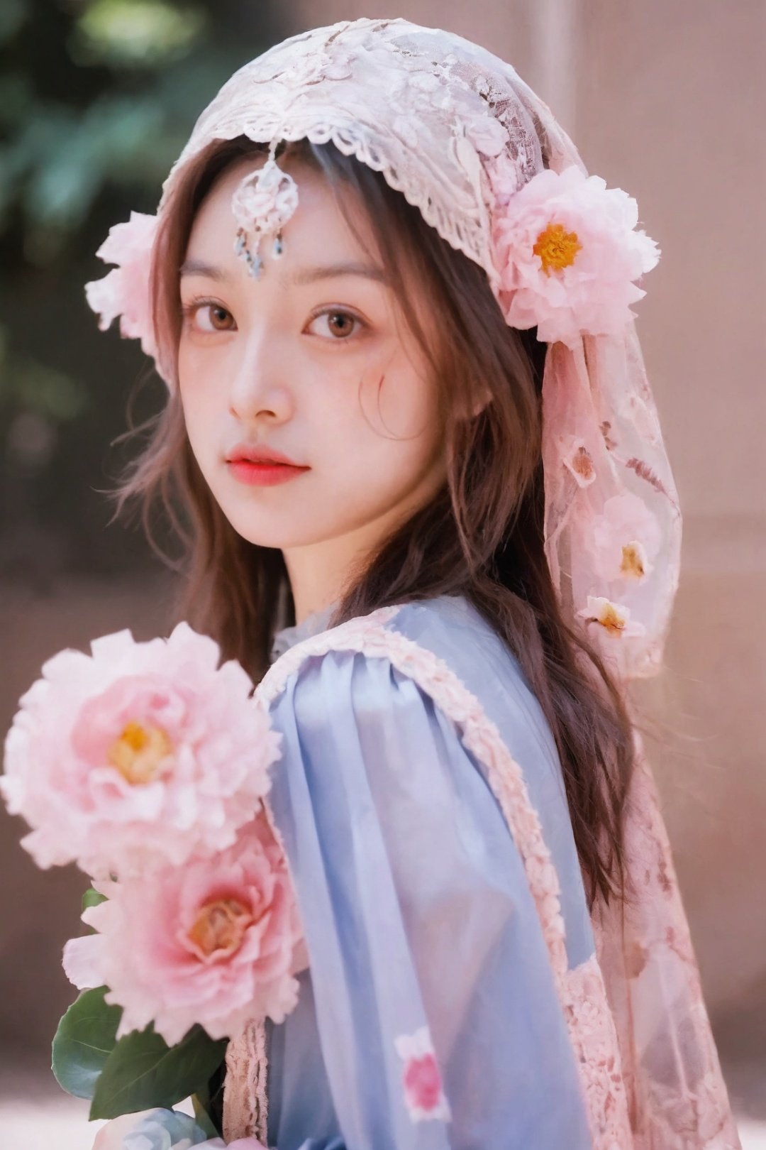 1girl, solo, long hair, looking at viewer, brown hair,brown eyes, upper body, flower, pink flower, realistic, zang clothes