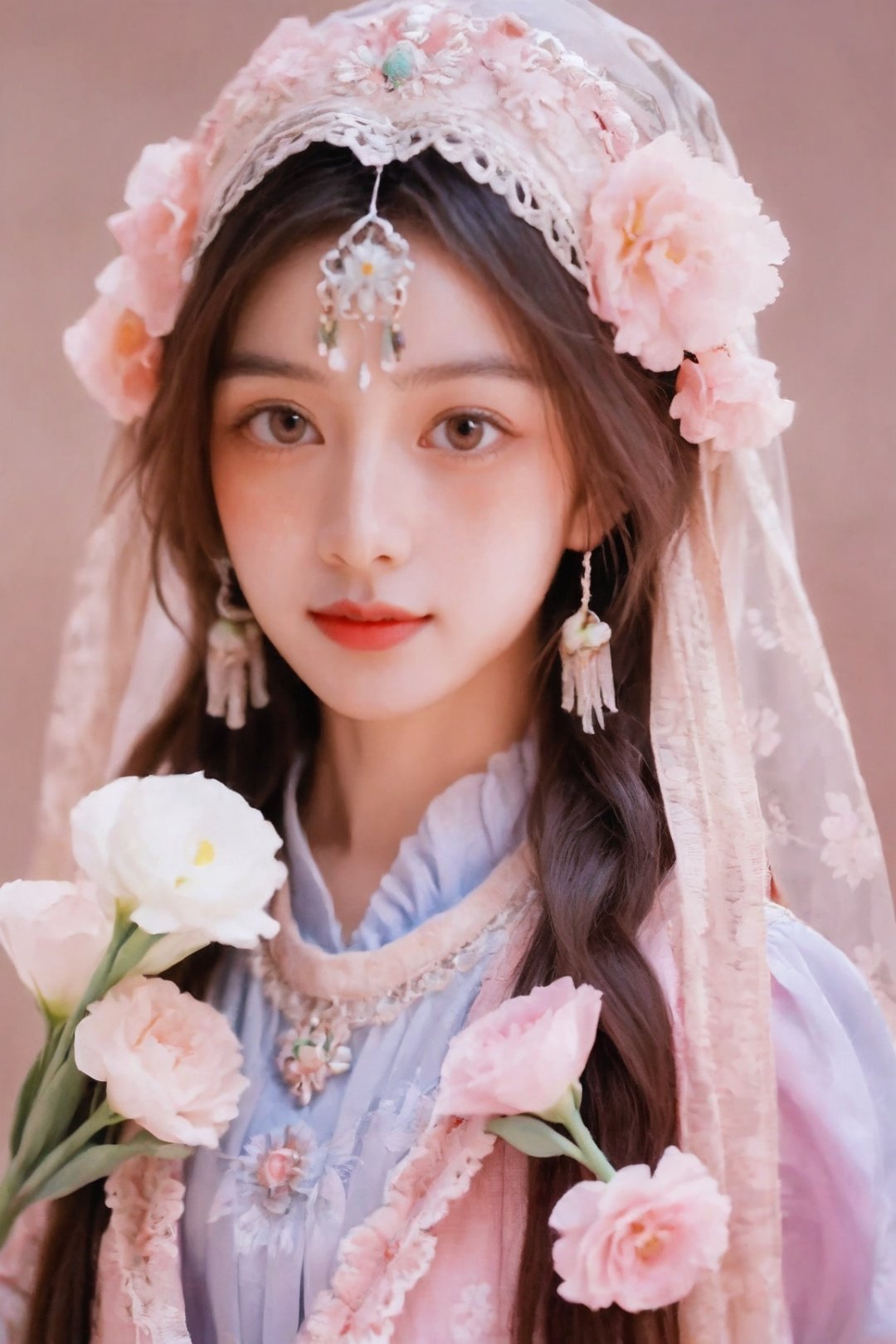 1girl, solo, long hair, looking at viewer, brown hair,brown eyes, upper body, flower, pink flower, realistic, zang clothes