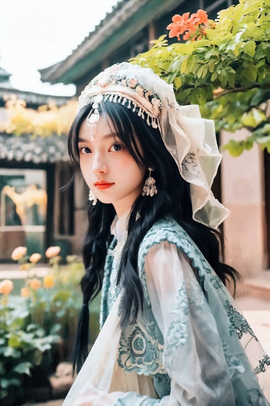 1 girl, best quality, zang clothes, in a garden, long black hair, looking at viewer, zang clothes