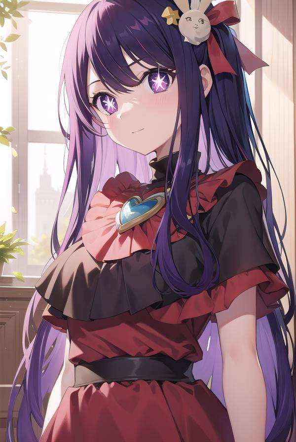 aihoshino, <lora:aihoshino-lora-nochekaiser:1>,ai hoshino, hair between eyes, hair ornament, hair ribbon, long hair, one side up, (purple eyes:1.1), purple hair, rabbit hair ornament, (star-shaped pupils:1.5), symbol-shaped pupils,BREAK belt, black belt, brooch, dress, pink dress, frilled dress, frilled gloves, frills, gloves, heart brooch, idol, idol clothes, jewelry, pink gloves, red ribbon, ribbon, turtleneck dress,BREAK looking at viewer,BREAK indoors,BREAK <lyco:GoodHands-beta2:1>, (masterpiece:1.2), best quality, high resolution, unity 8k wallpaper, (illustration:0.8), (beautiful detailed eyes:1.6), extremely detailed face, perfect lighting, extremely detailed CG, (perfect hands, perfect anatomy),