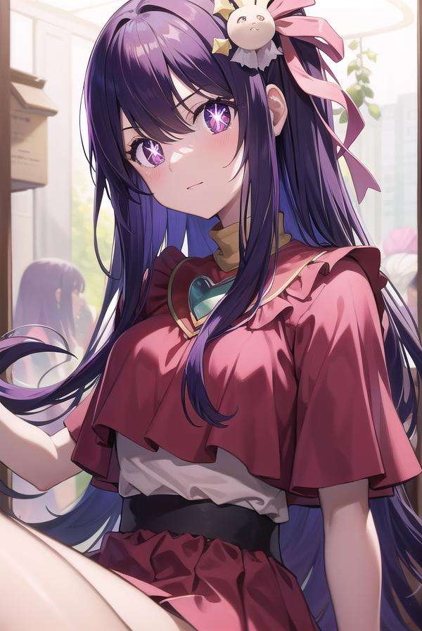 aihoshino, <lora:aihoshino-lora-nochekaiser:1>,ai hoshino, hair between eyes, hair ornament, hair ribbon, long hair, one side up, (purple eyes:1.1), purple hair, rabbit hair ornament, (star-shaped pupils:1.5), symbol-shaped pupils,BREAK belt, black belt, brooch, dress, pink dress, frilled dress, frilled gloves, frills, gloves, heart brooch, idol, idol clothes, jewelry, pink gloves, red ribbon, ribbon, turtleneck dress,BREAK looking at viewer,BREAK indoors,BREAK <lyco:GoodHands-beta2:1>, (masterpiece:1.2), best quality, high resolution, unity 8k wallpaper, (illustration:0.8), (beautiful detailed eyes:1.6), extremely detailed face, perfect lighting, extremely detailed CG, (perfect hands, perfect anatomy),