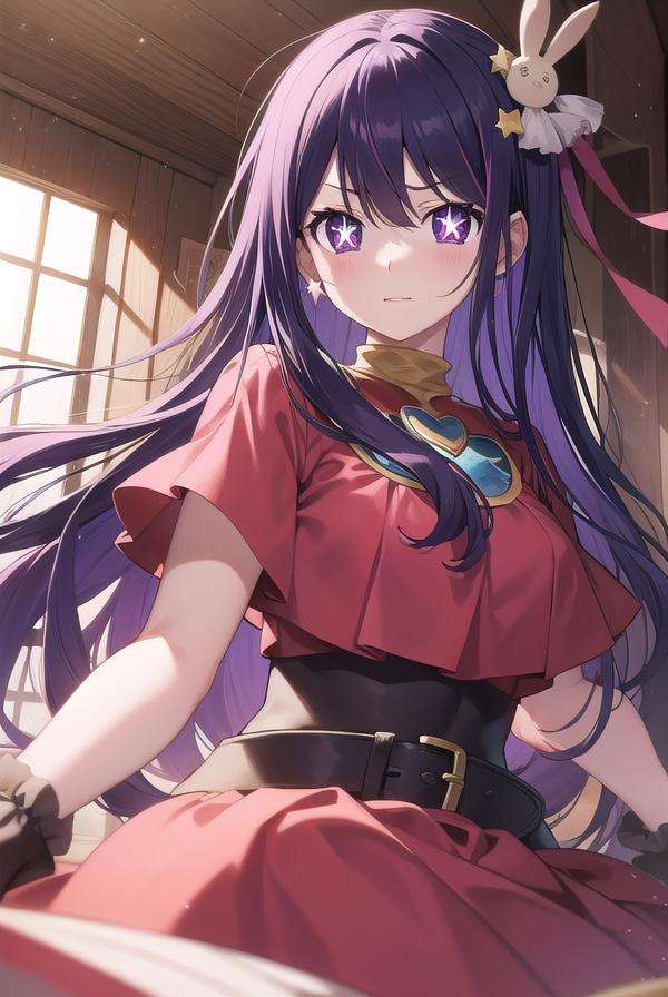 aihoshino, <lora:aihoshino-lora-nochekaiser:1>,ai hoshino, hair between eyes, hair ornament, hair ribbon, long hair, one side up, (purple eyes:1.1), purple hair, rabbit hair ornament, (star-shaped pupils:1.5), symbol-shaped pupils,BREAK belt, black belt, brooch, dress, pink dress, frilled dress, frilled gloves, frills, gloves, heart brooch, idol, idol clothes, jewelry, pink gloves, red ribbon, ribbon, turtleneck dress,BREAK looking at viewer,BREAK indoors,BREAK <lyco:GoodHands-beta2:1>, (masterpiece:1.2), best quality, high resolution, unity 8k wallpaper, (illustration:0.8), (beautiful detailed eyes:1.6), extremely detailed face, perfect lighting, extremely detailed CG, (perfect hands, perfect anatomy),