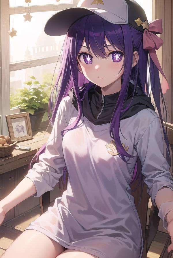 aihoshino, <lora:aihoshino-lora-nochekaiser:1>,ai hoshino, hair between eyes, hair ornament, hair ribbon, long hair, one side up, (purple eyes:1.1), purple hair, rabbit hair ornament, (star-shaped pupils:1.5), symbol-shaped pupils,BREAK baseball cap, hat, hood, hoodie, long sleeves, puffy sleeves, white hoodie,BREAK looking at viewer,BREAK indoors,BREAK <lyco:GoodHands-beta2:1>, (masterpiece:1.2), best quality, high resolution, unity 8k wallpaper, (illustration:0.8), (beautiful detailed eyes:1.6), extremely detailed face, perfect lighting, extremely detailed CG, (perfect hands, perfect anatomy),