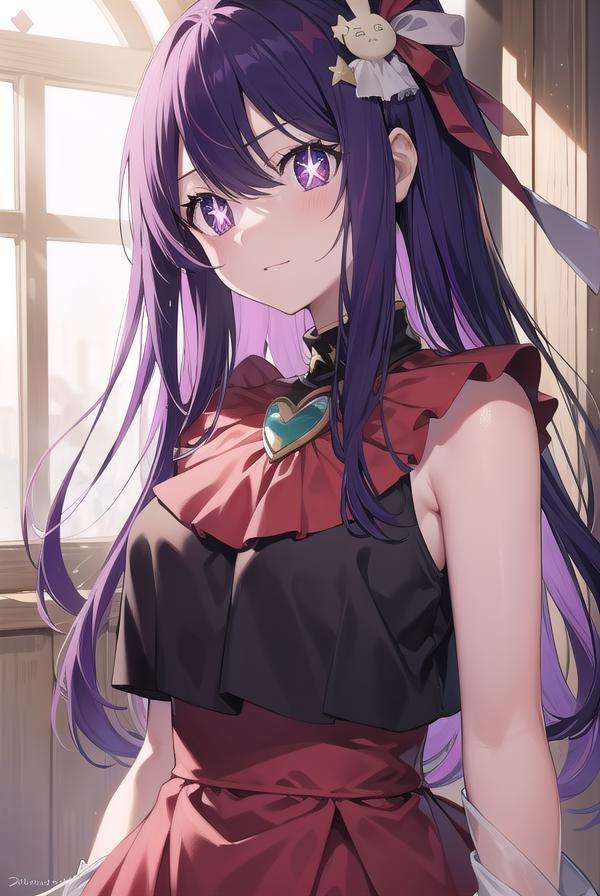 aihoshino, <lora:aihoshino-lora-nochekaiser:1>,ai hoshino, hair between eyes, hair ornament, hair ribbon, long hair, one side up, (purple eyes:1.1), purple hair, rabbit hair ornament, (star-shaped pupils:1.5), symbol-shaped pupils,BREAK belt, black belt, brooch, dress, pink dress, frilled dress, frilled gloves, frills, gloves, heart brooch, idol, idol clothes, jewelry, pink gloves, red ribbon, ribbon, turtleneck dress,BREAK looking at viewer,BREAK indoors,BREAK <lyco:GoodHands-beta2:1>, (masterpiece:1.2), best quality, high resolution, unity 8k wallpaper, (illustration:0.8), (beautiful detailed eyes:1.6), extremely detailed face, perfect lighting, extremely detailed CG, (perfect hands, perfect anatomy),