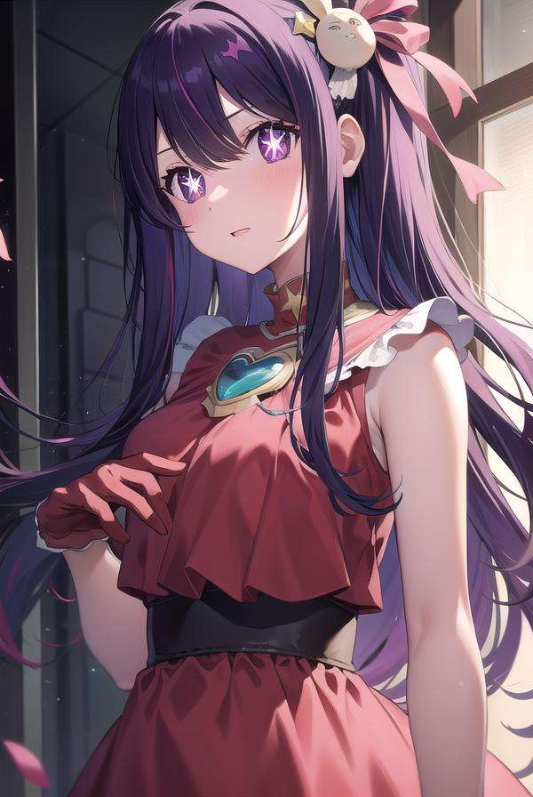 aihoshino, <lora:aihoshino-lora-nochekaiser:1>,ai hoshino, hair between eyes, hair ornament, hair ribbon, long hair, one side up, (purple eyes:1.1), purple hair, rabbit hair ornament, (star-shaped pupils:1.5), symbol-shaped pupils,BREAK belt, black belt, brooch, dress, pink dress, frilled dress, frilled gloves, frills, gloves, heart brooch, idol, idol clothes, jewelry, pink gloves, red ribbon, ribbon, turtleneck dress,BREAK looking at viewer,BREAK indoors,BREAK <lyco:GoodHands-beta2:1>, (masterpiece:1.2), best quality, high resolution, unity 8k wallpaper, (illustration:0.8), (beautiful detailed eyes:1.6), extremely detailed face, perfect lighting, extremely detailed CG, (perfect hands, perfect anatomy),