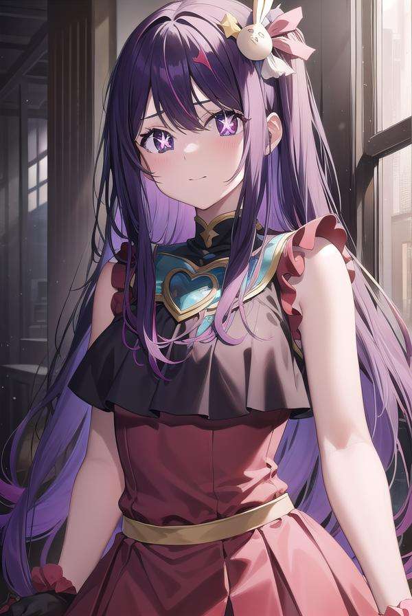 aihoshino, <lora:aihoshino-lora-nochekaiser:1>,ai hoshino, hair between eyes, hair ornament, hair ribbon, long hair, one side up, (purple eyes:1.1), purple hair, rabbit hair ornament, (star-shaped pupils:1.5), symbol-shaped pupils,BREAK belt, black belt, brooch, dress, pink dress, frilled dress, frilled gloves, frills, gloves, heart brooch, idol, idol clothes, jewelry, pink gloves, red ribbon, ribbon, turtleneck dress,BREAK looking at viewer,BREAK indoors,BREAK <lyco:GoodHands-beta2:1>, (masterpiece:1.2), best quality, high resolution, unity 8k wallpaper, (illustration:0.8), (beautiful detailed eyes:1.6), extremely detailed face, perfect lighting, extremely detailed CG, (perfect hands, perfect anatomy),