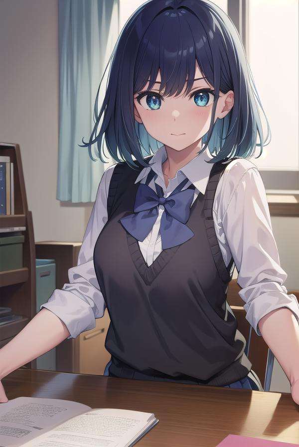 akanekurokawa, <lora:akanekurokawa-lora-nochekaiser:1>,akane kurokawa, aqua eyes, blue hair, medium hair, sidelocks,BREAK black sweater vest, blue bow, blue bowtie, bow, bowtie, collared shirt, long sleeves, puffy sleeves, school uniform, shirt, sweater vest, white shirt,BREAK looking at viewer,BREAK indoors, classroom,BREAK <lyco:GoodHands-beta2:1>, (masterpiece:1.2), best quality, high resolution, unity 8k wallpaper, (illustration:0.8), (beautiful detailed eyes:1.6), extremely detailed face, perfect lighting, extremely detailed CG, (perfect hands, perfect anatomy),