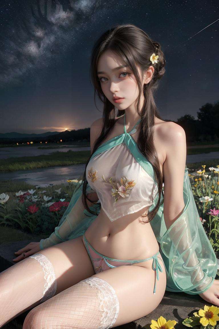 1girl,fishnets,underwear,see-through,panties,flower,bare shoulders,fishnet thighhighs,navel,sitting,side-tie panties,meadow,starry sky, <lora:Sexy nightgown Chinese Hanfu(84):0.7>