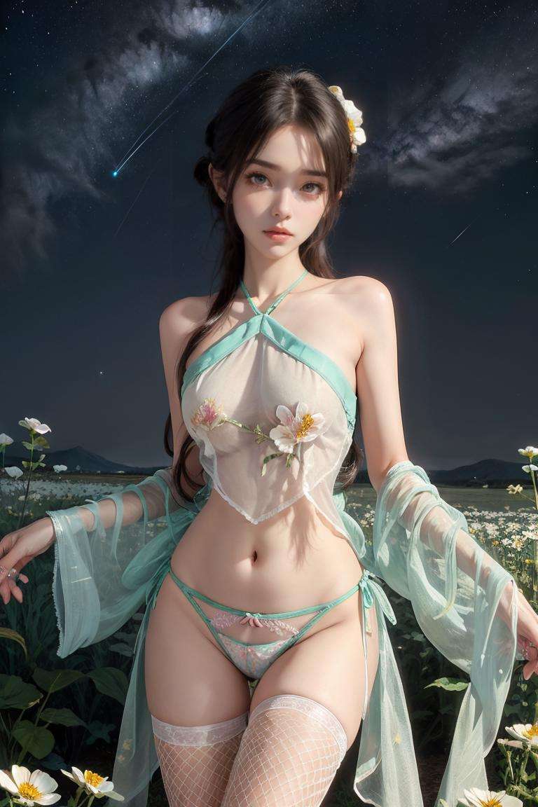 1girl,fishnets,underwear,see-through,panties,flower,bare shoulders,fishnet thighhighs,hair ornament,hair flower,navel,side-tie panties,meadow,starry sky,<lora:Sexy nightgown Chinese Hanfu(84):0.7>,