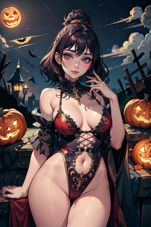 Masterpiece,  cute Halloween woman 30yo,  wearing traditional Halloween clothes in cozy Halloween town by trago tey on Ten...