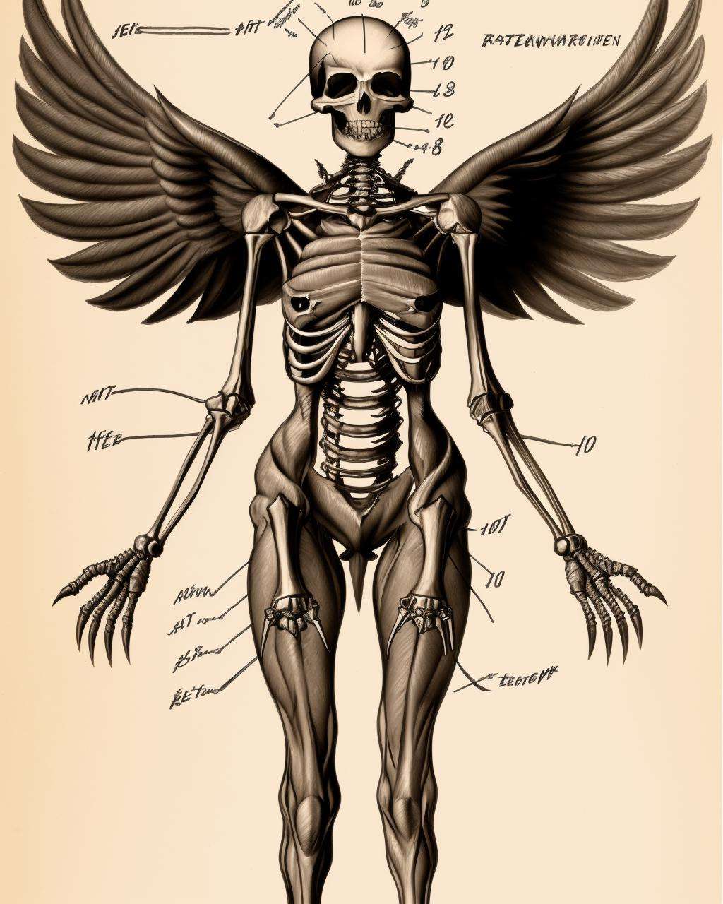 The_Resurrectionist , A nightmarish dissection diagram of a harpy:2.0, showcasing its feathered wings:0.7 extending from its humanoid shoulders:0.6, and taloned feet:0.7, depicted in the unsettling style of The Resurrectionist:1.0, capturing its avian-humanoid hybrid:0.8 in unsettling detail:0.7. , 