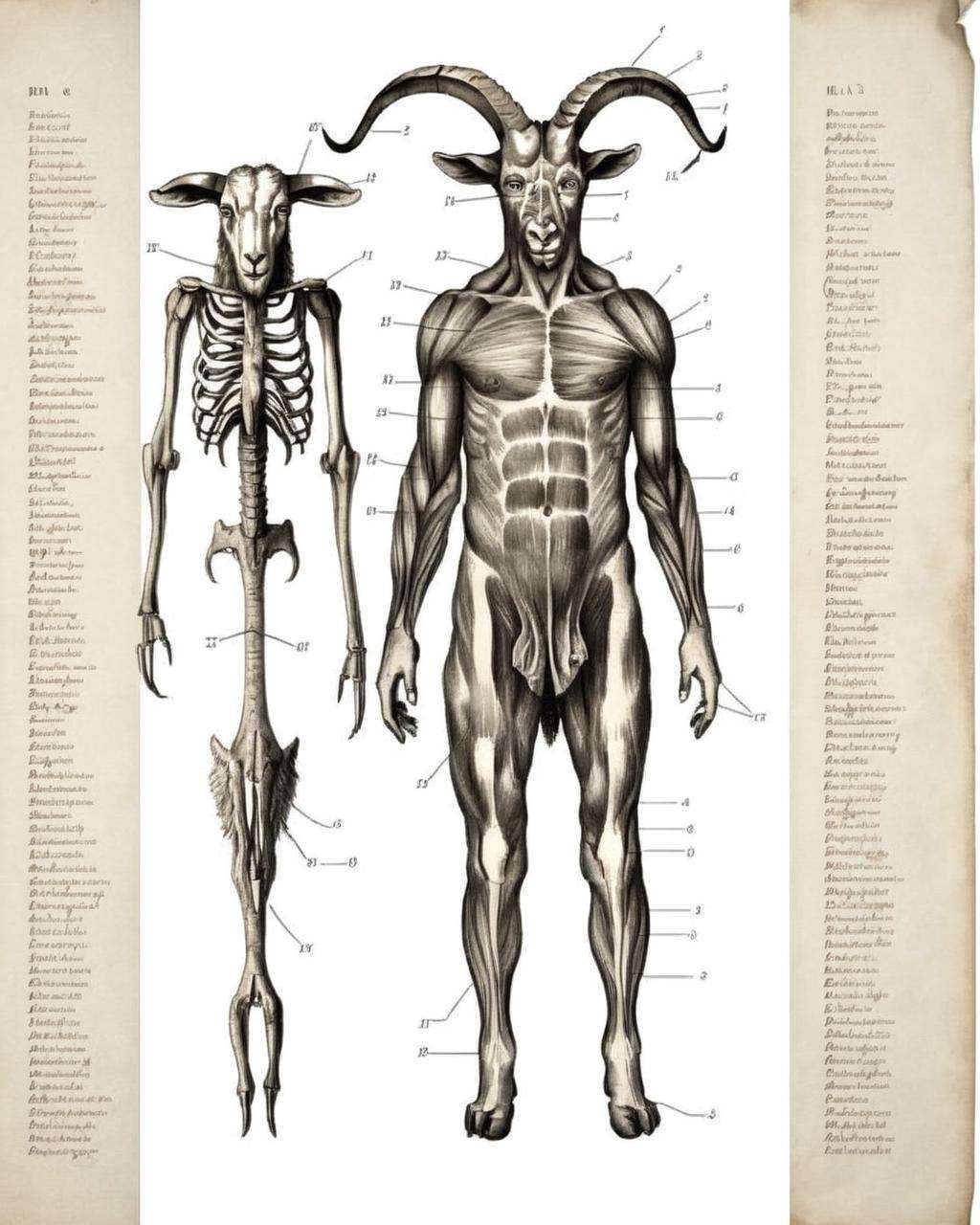 An unsettling dissection illustration of a satyr:1.9, highlighting its goat-like lower half:0.6, human torso:0.7, and mischievous expression:0.6, all rendered in the eerie aesthetic of The Resurrectionist:0.9, capturing its mythical hybrid:0.8 in unsettling detail:0.7. , The_Resurrectionist<lora:The_Resurrectionist:1.0>