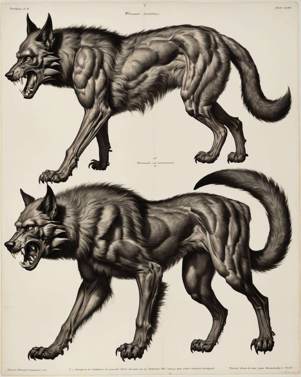 A grotesque anatomical study of a werewolf:2.0, depicting its lupine features:0.7, sharp claws:0.5, and feral snarl:0.6, all executed with nightmarish attention to detail:0.9 in the macabre style of The Resurrectionist:1.0. , <lora:The_Resurrectionist:0.75> 