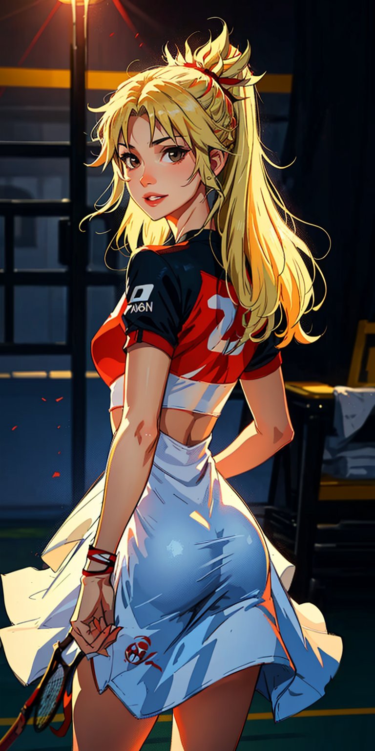 1girl,solo, looking at viewer, badminton background, long blonde hair , parted lips, light smile, dark eyes, badminton clothes, red ribbon on hair, hands behind back, posing, mordred pendragon,SAM YANG