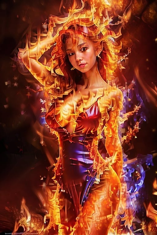 a woman wearing luxury dress, azure dress, shiny dress,(red fire:1.3),
good hand,4k, high-res, masterpiece, best quality, head:1.3,((Hasselblad photography)), finely detailed skin, sharp focus, (cinematic lighting), collarbone, night, soft lighting, dynamic angle, [:(detailed face:1.2):0.2], medium breasts, outside,  ,,  
,fate/stay background