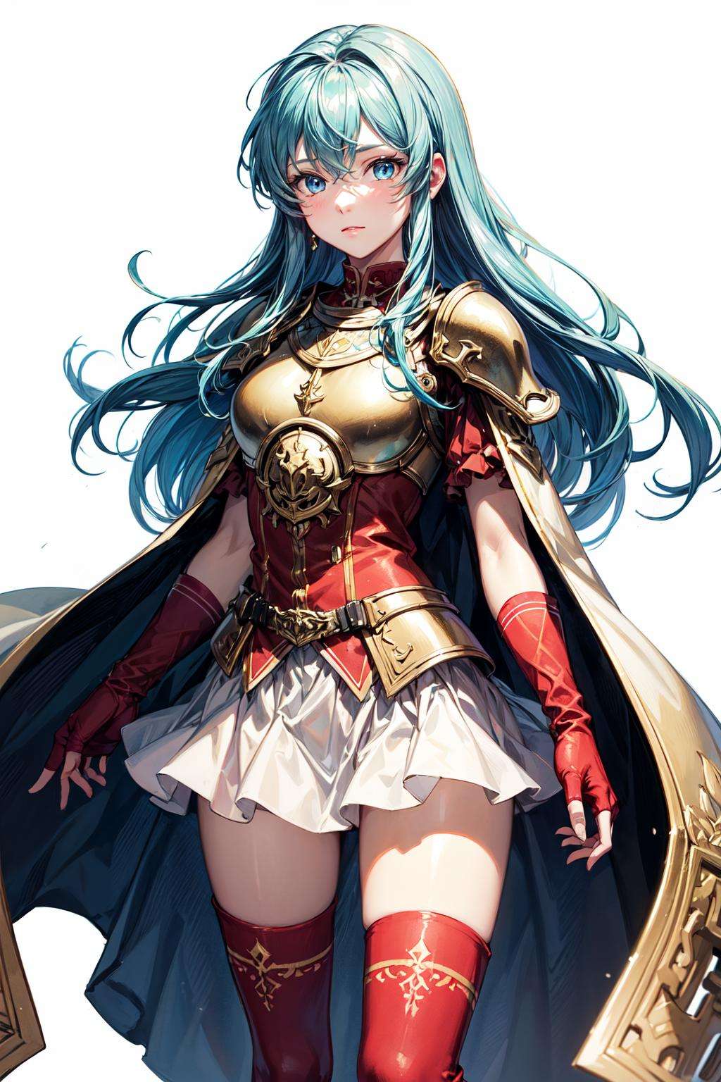 1girl, long hair, aqua hair, blue eyes, solo, blue hair, red , gloves, gold cape, skirt, thighhighs, jewelry, breastplate, fingerless gloves, shoulder armor, simple background <lora:eirika-05:1>, standing,  <lora:add_detail:0.8>