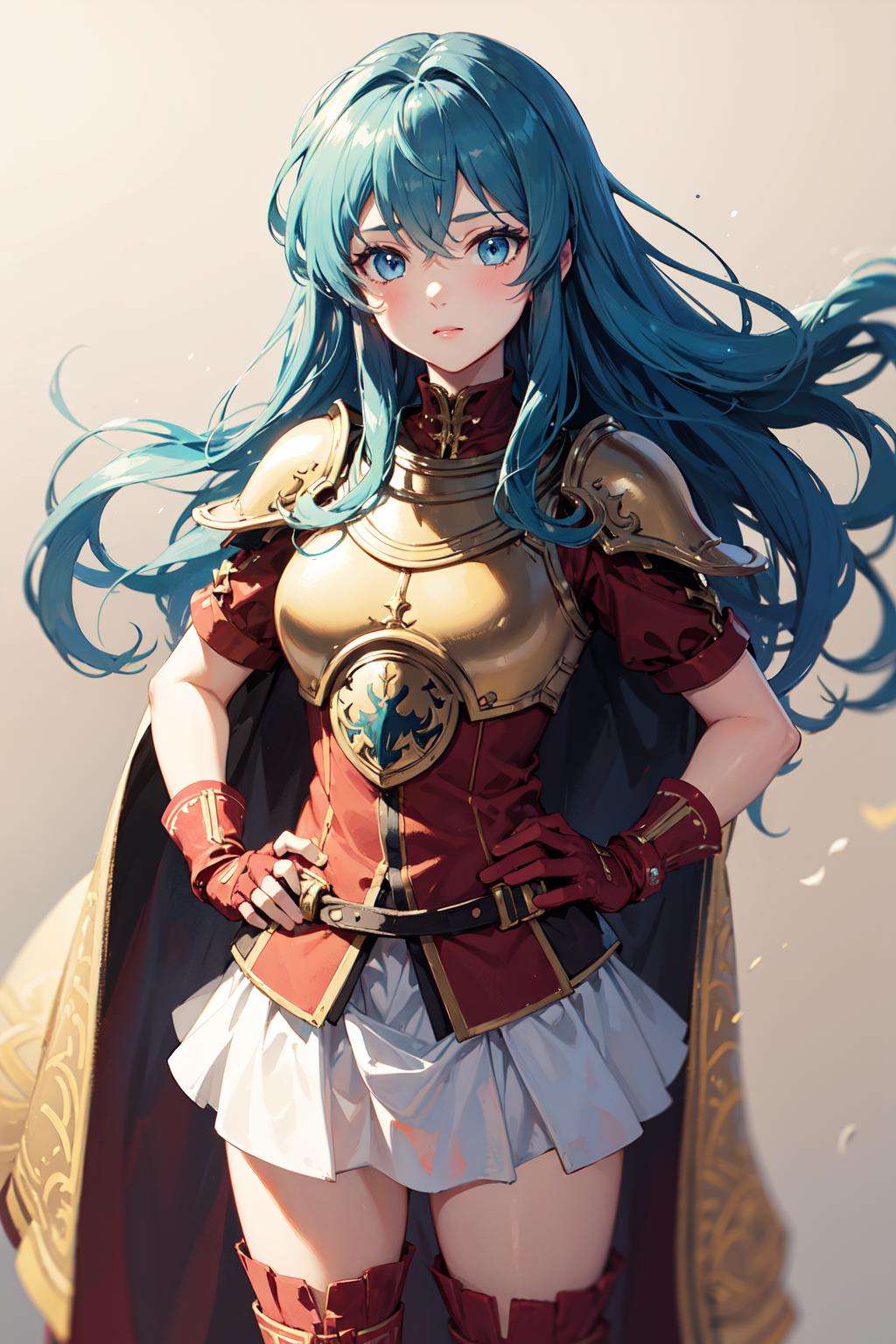 1girl, long hair, aqua hair, blue eyes, solo, blue hair, red , gloves, gold cape, skirt, thighhighs, jewelry, breastplate, fingerless gloves, shoulder armor, simple background <lora:eirika-05:1>, standing, hand on hip, 