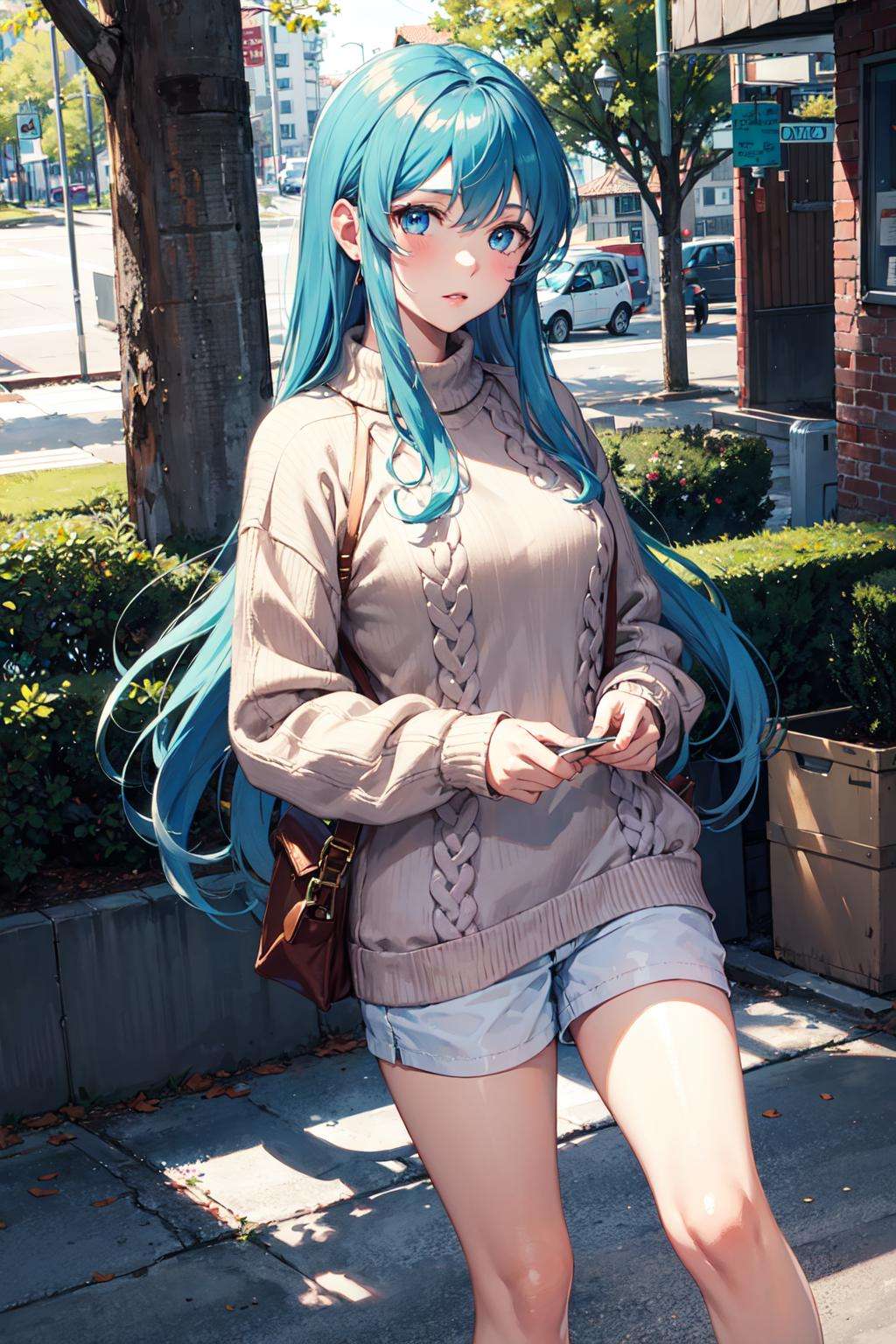 1girl, long hair, aqua hair, blue eyes, solo, blue hair, sweater, ribbed sweater,  <lora:eirika-05:1>, standing