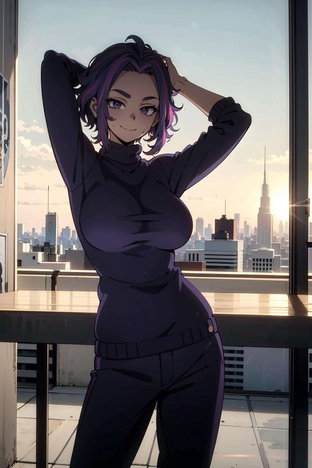 1girl, short hair, purple hair, multicolored hair, purple eyes,  large breasts,  focus, standing, <lora:nagant-09:0.8>,  <lyco:GoodHands-beta2:1>, arms up, arm behind head,   cityscape, city, clouds, facing viewer, smile,  grey sweater, turtleneck sweater, sweatpants,  