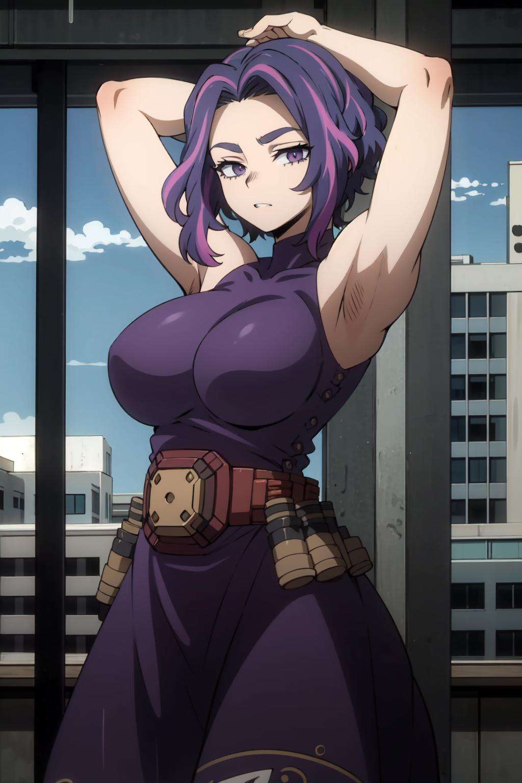 1girl, short hair,  purple hair, multicolored hair, purple eyes, purple dress,  large breasts, focus, belt, standing, arms up, arms behind head,  <lora:nagant-09:1>