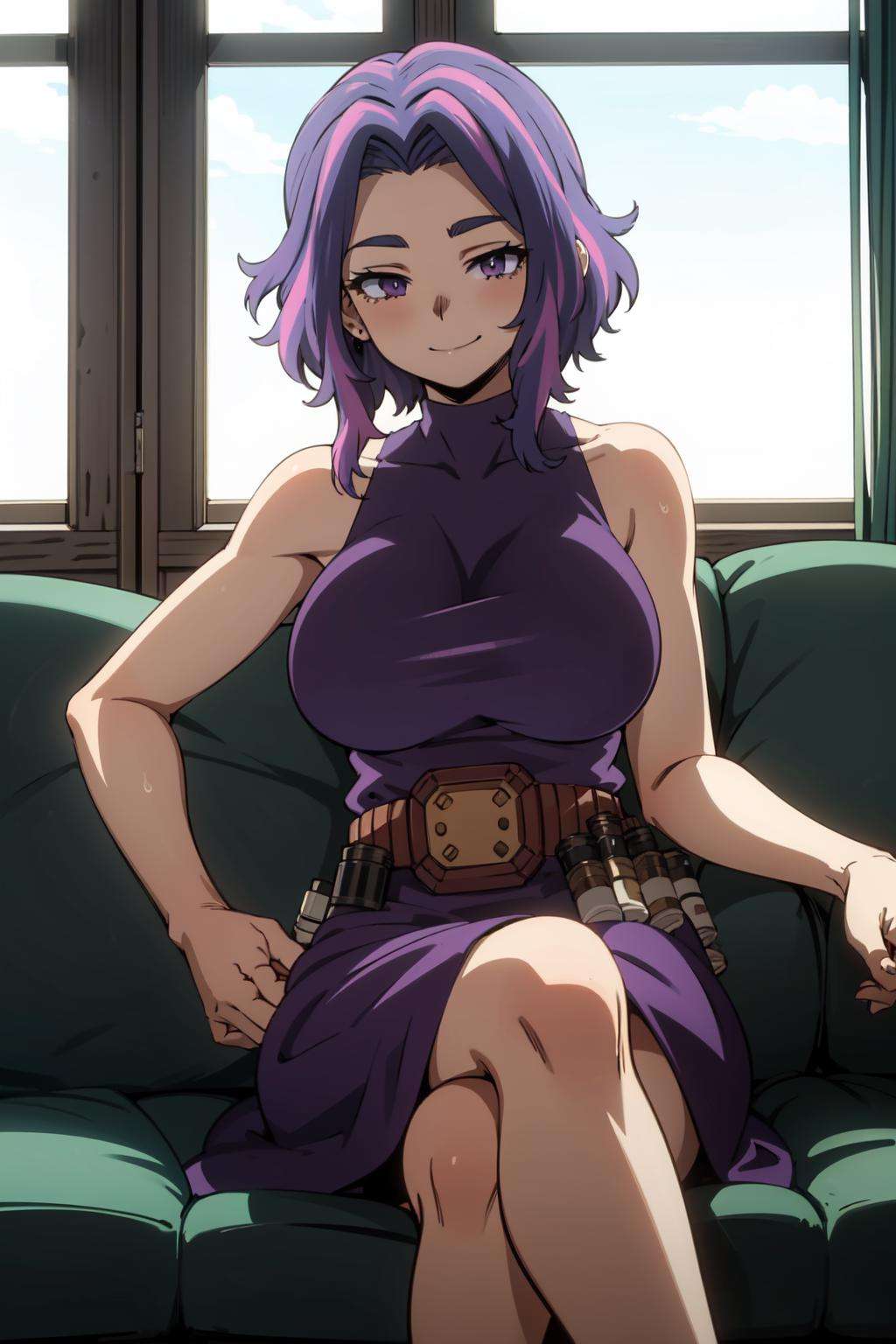 1girl, short hair,  purple hair, multicolored hair, purple eyes, purple dress,  large breasts, focus,  depth of field, simple background, smile, blush, sitting, crossed legs,  <lora:nagant-09:0.9>, belt, facing viewer, on couch, living room, window, couch, sleeveless,  <lyco:GoodHands-beta2:1>