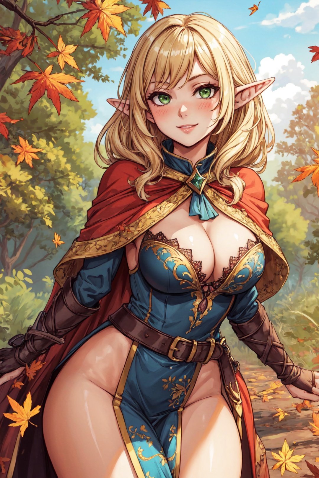 <lora:add_detail:0.3:lbw=ALL>, masterpiece, best quality, (highres, cg 8k illustration), ((1girl as elf with pointy ears)) and (detailed face and glossy detailed green eyes), (blurry background, simple background, depth of field), (painterly, beautiful and delicate), authentic, fine details, ((nsfw)), (solo, female focus, solo focus), face focus, empty hands, (she wears capelet and side slit ornate tabard) and long sleeves, (looking at viewer), blushing, elegant innocent, light smile, bursting breasts, cleavage, bare legs, dynamic pose, upright, outdoors, in autumn forest, falling leaves, morning, cowboy shot, medium shot, (sharp, outline), cel shading, fantasy, toon \(style\), baroque oil painting \(medium\), 