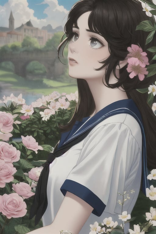 (masterpiece, best quality),1girl, solo, flower, long hair, outdoors, letterboxed, school uniform, day, sky, looking up, short sleeves, parted lips, shirt, cloud, black hair, sunlight, white shirt, serafuku, upper body, from side, pink flower, blurry, brown hair, blue sky, depth of field, Oil Painting