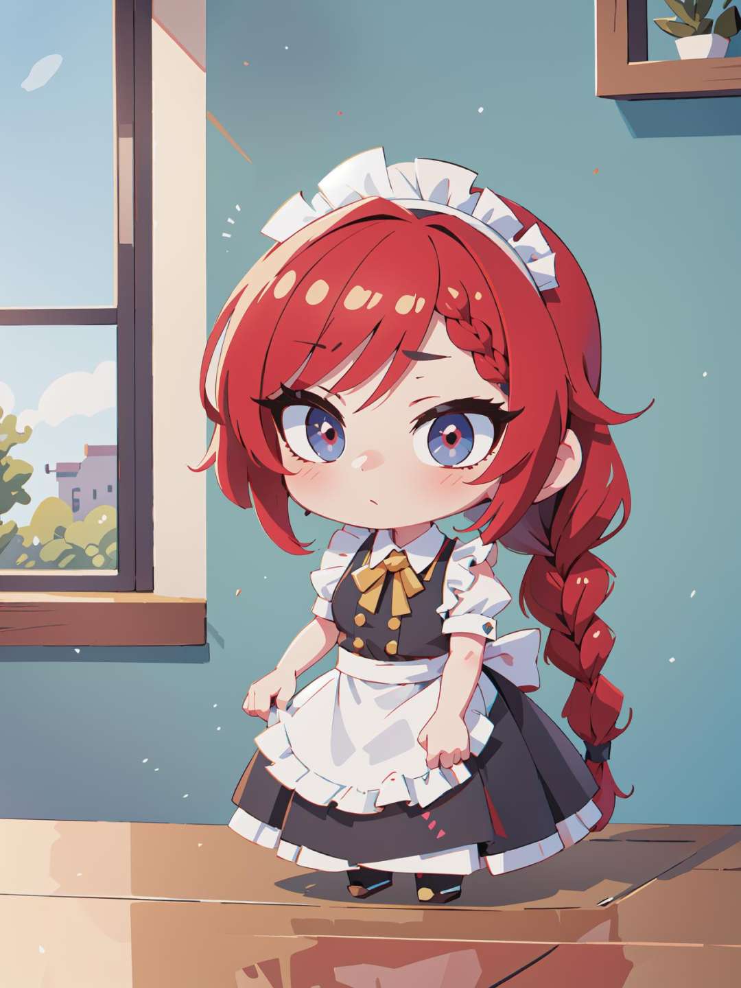 8k, masterpiece, highly detailed, beautiful woman, (single braid), <lora:single_braid-1.0:0.8>, chibi, maid