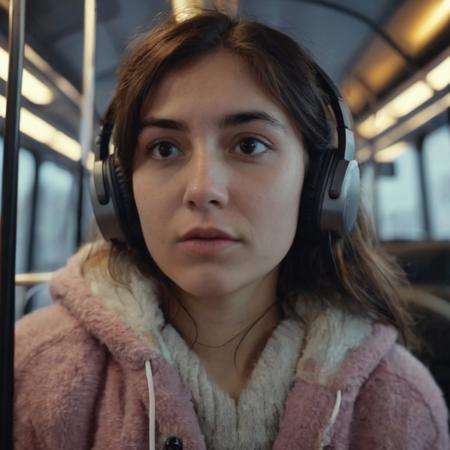 photograph close up portrait of Young woman listening music on a bus with earphones, cinematic 4k epic detailed 4k epic detailed photograph shot on kodak detailed bokeh cinematic hbo dark moody