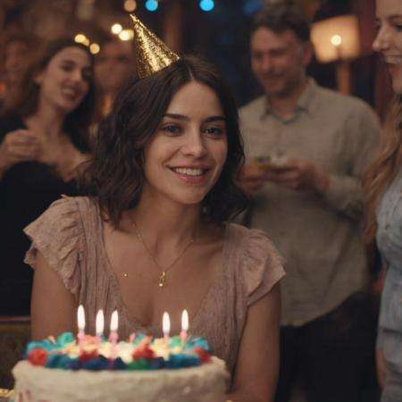 photograph close up portrait of happy woman at birthday party, cake, people in background, cinematic 4k epic detailed 4k epic detailed photograph shot on kodak detailed bokeh cinematic hbo dark moody