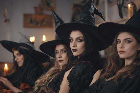 photograph close up portrait of women dressed as witches on sofa., cinematic 4k epic detailed 4k epic detailed photograph shot on kodak detailed bokeh cinematic hbo dark moody