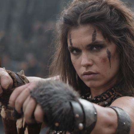 photograph close up portrait of a barbarian woman holding a spiked club and a glove,  cinematic 4k epic detailed 4k epic detailed photograph shot on kodak detailed bokeh cinematic hbo dark moody