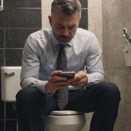 photograph close up portrait of a businessman using smart phone while sitting on toilet seat in bathroom, serious, stoic cinematic 4k epic detailed 4k epic detailed photograph shot on kodak detailed bokeh cinematic hbo dark moody