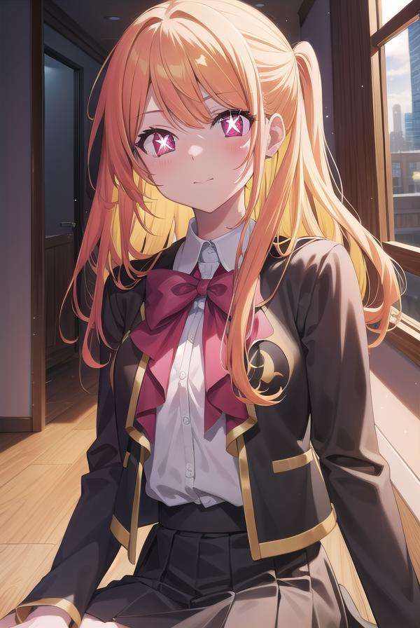 rubyhoshino, <lora:rubyhoshino-lora-nochekaiser:1>, ruby hoshino, (yellow hair:1.5), long hair, one side up, (pink eyes:1.5), sidelocks, (star-shaped pupils:1.5), (symbol-shaped pupils:1.5), (mismatched pupils:1.5),BREAK black vest, blue jacket, bow, bowtie, collared shirt, cropped jacket, jacket, kneehighs, long sleeves, pink bow, pink bowtie, pleated skirt, school uniform, shirt, skirt, socks, vest, white shirt, white socks, youtou high school uniform,BREAK looking at viewer,BREAK indoors, classroom,BREAK <lyco:GoodHands-beta2:1>, (masterpiece:1.2), best quality, high resolution, unity 8k wallpaper, (illustration:0.8), (beautiful detailed eyes:1.6), extremely detailed face, perfect lighting, extremely detailed CG, (perfect hands, perfect anatomy),