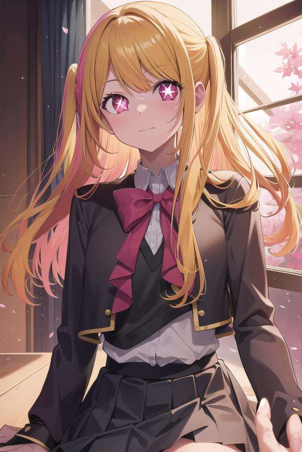 rubyhoshino, <lora:rubyhoshino-lora-nochekaiser:1>, ruby hoshino, (yellow hair:1.5), long hair, one side up, (pink eyes:1.5), sidelocks, (star-shaped pupils:1.5), (symbol-shaped pupils:1.5), (mismatched pupils:1.5),BREAK black vest, blue jacket, bow, bowtie, collared shirt, cropped jacket, jacket, kneehighs, long sleeves, pink bow, pink bowtie, pleated skirt, school uniform, shirt, skirt, socks, vest, white shirt, white socks, youtou high school uniform,BREAK looking at viewer,BREAK indoors, classroom,BREAK <lyco:GoodHands-beta2:1>, (masterpiece:1.2), best quality, high resolution, unity 8k wallpaper, (illustration:0.8), (beautiful detailed eyes:1.6), extremely detailed face, perfect lighting, extremely detailed CG, (perfect hands, perfect anatomy),