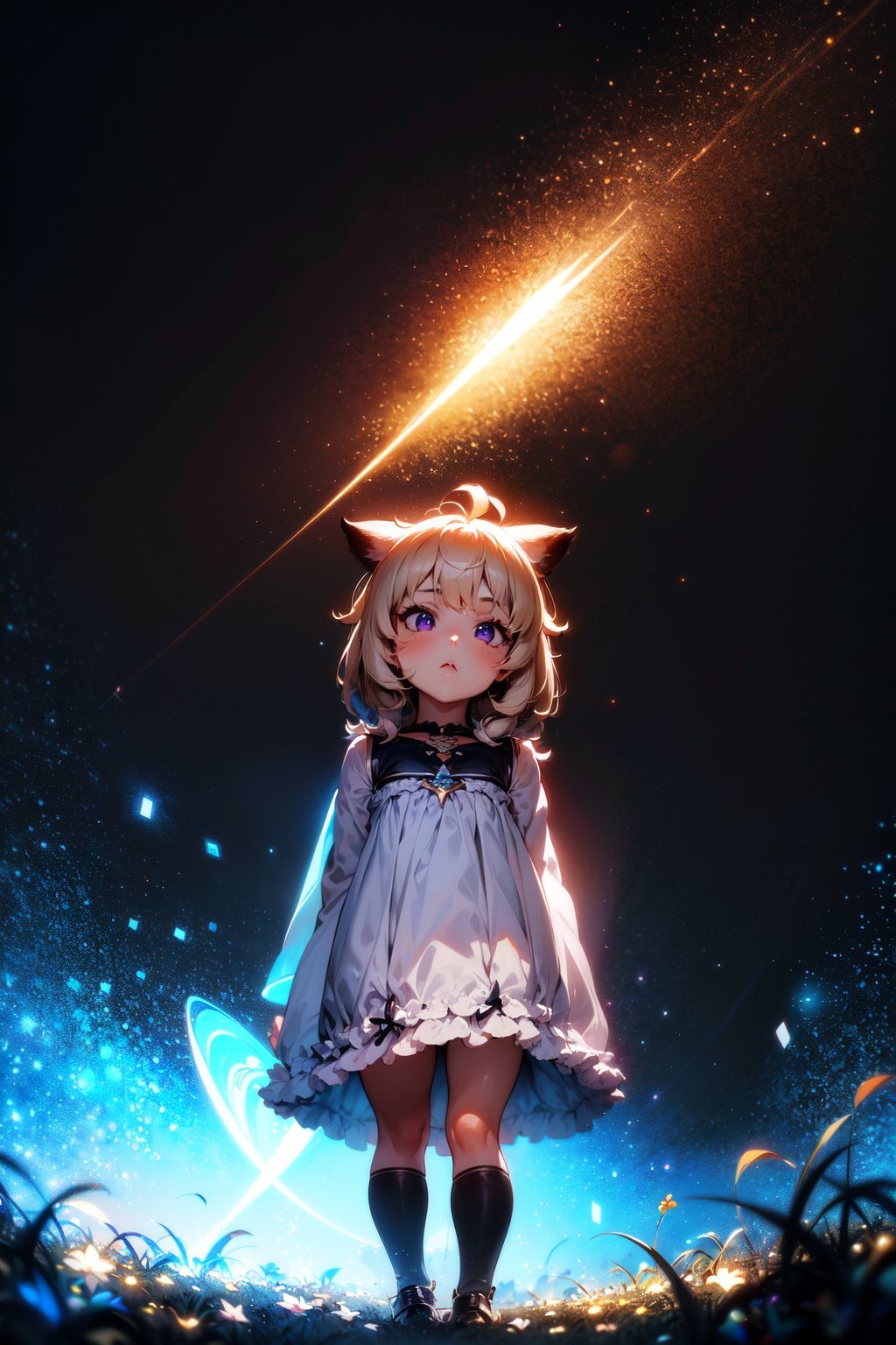 face focus, cute, masterpiece, best quality, 1girl, black background, light particle, solo, standing, pixiv, depth of field, cinematic compotision, best lighting, looking up, moe2016