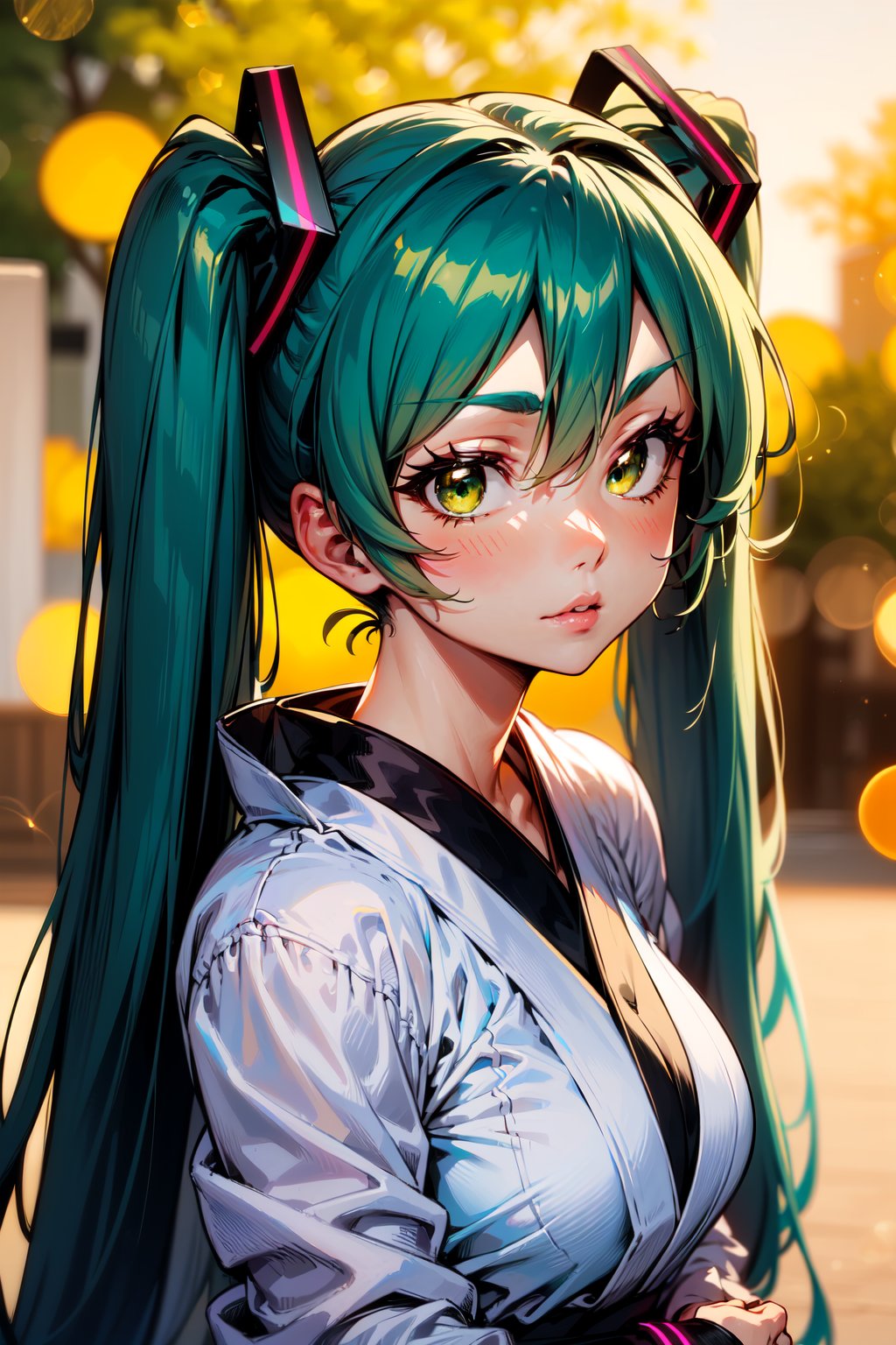 face focus, cute, masterpiece, best quality, 1girl, hatsune miku, looking at viewer, bokeh photography, yellow green kimono, outdoors, anime style
