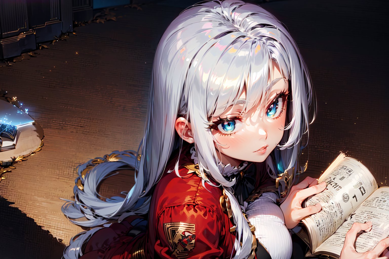 1girl, very long hair, flipped hair, bangs,  steampunk home economics room nighttime, anime style, viewer from above, kneeling down, reading book, aesthetic, focus on face, beautiful silver eyes, cat