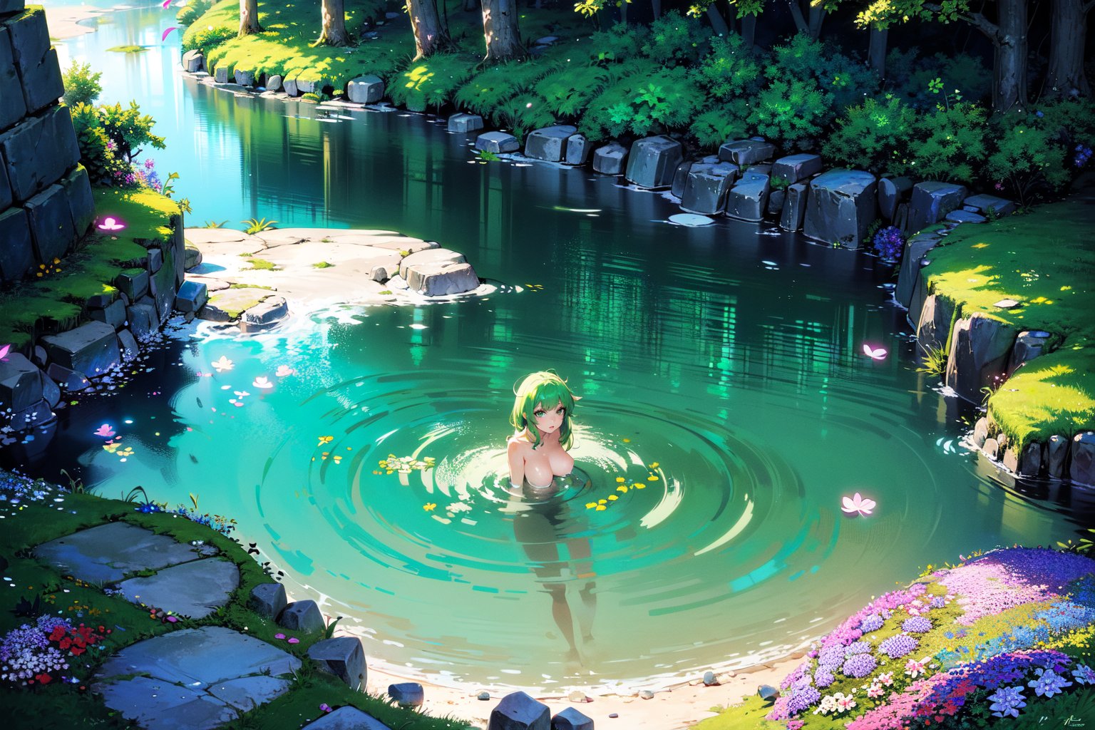 anime art style, a naked woman partially submerged in water, frogsquat pose, river, rocks, forest, flowers, foliage, light particles, moe anime style, aesthetic, focus face, from above, dark green eyes, 